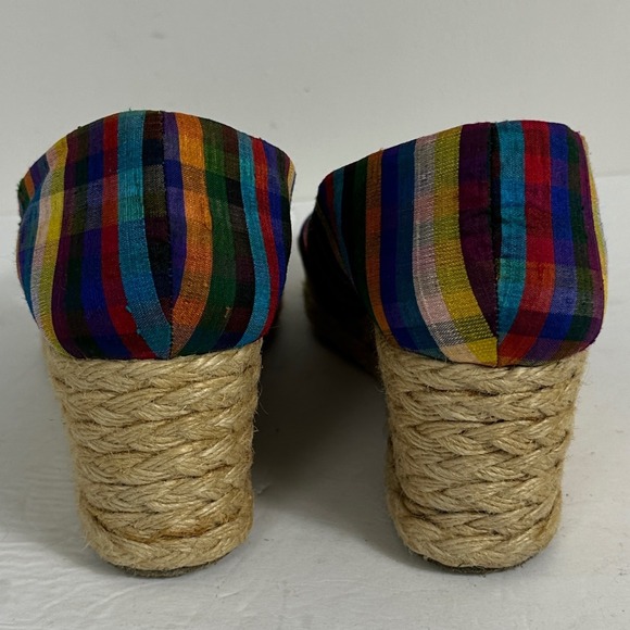 Ralph Lauren Espadrille Wedge Silk Shantung Plaid Peep Toe Sandals Womens Size 9 - Picture 4 of 12
